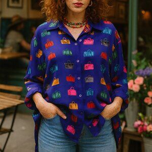 Vintage Maggie McNaughton handbag print colorful button up blouse Purple 3X